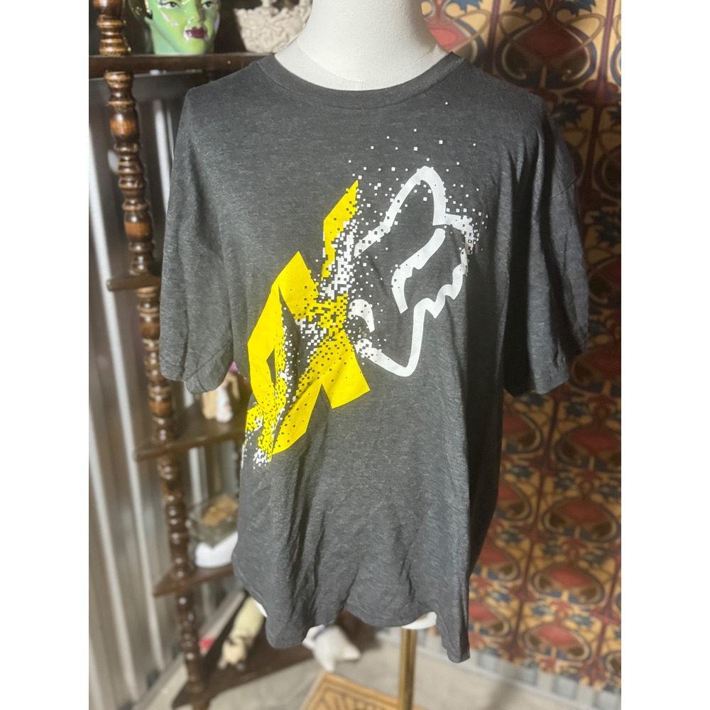 Fox Racing Mens Graphic T-Shirt Gray‎ Yellow Logo Short Sleeve Casual